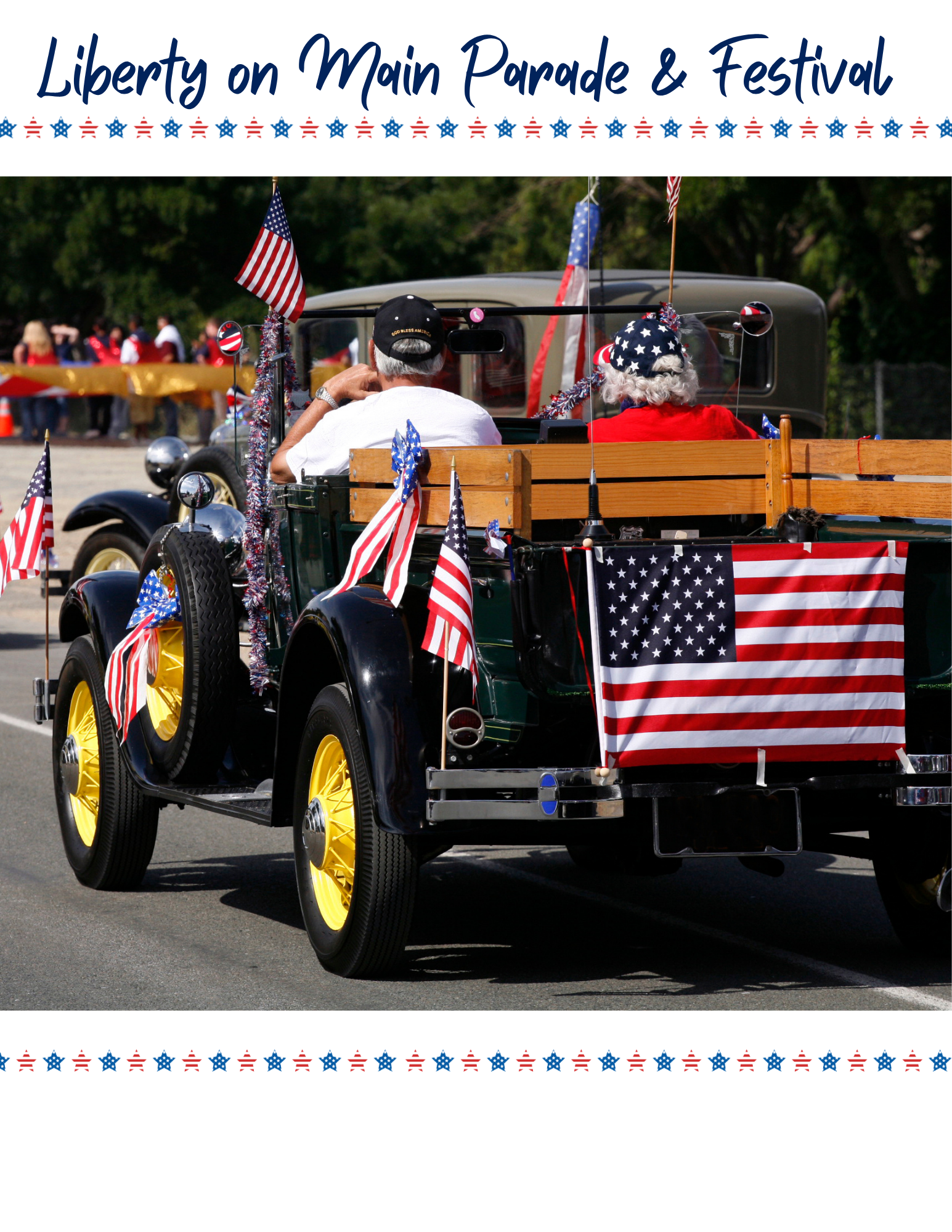 Granpa and grandpa viewed from the rear during a patriotic parade riding in their super decked out patriotic car