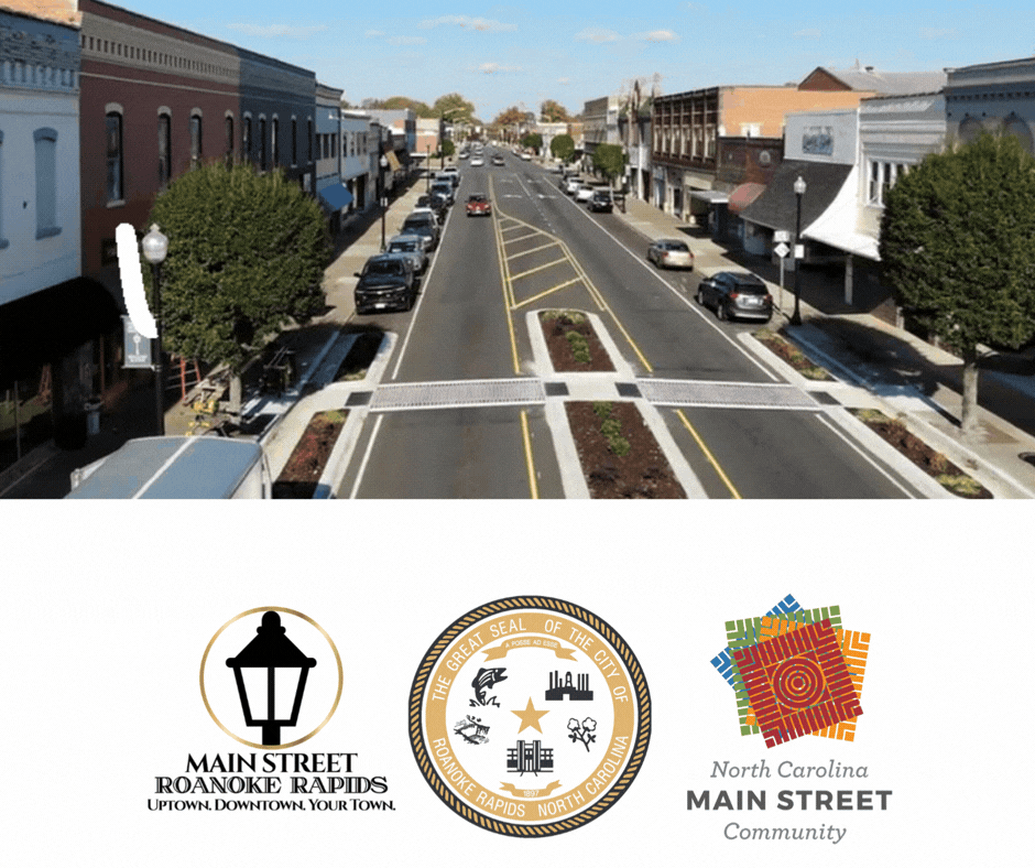 bird's eye view of Uptown Roanoke Rapids on Roanoke Avenue, the word "Welcome!" blinks across the screen